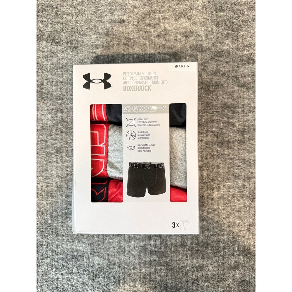 Under Armour Boys Performance Cotton Boxerjock 3-Pack Boxer Briefs YM Red Black